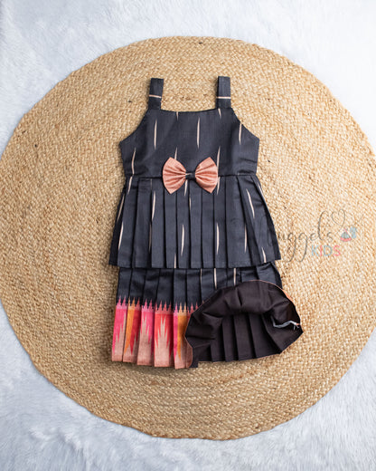 Ready to Ship: Black Double layer Semi Silk Sleeveless Frock with Bow Detailing