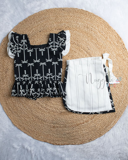 Ready to Ship: Black Linen Top And White Linen skorts set