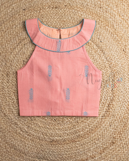Ready to Ship: Peach Halter Neck Handloom Top And Cotton Skorts Set