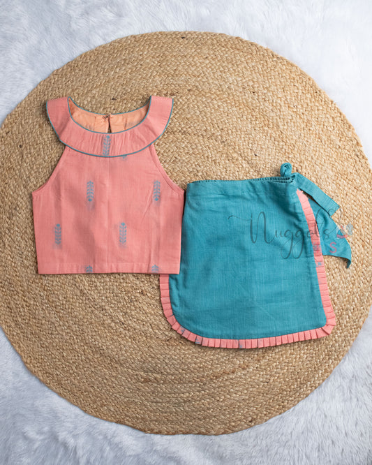 Ready to Ship: Peach Halter Neck Handloom Top And Cotton Skorts Set