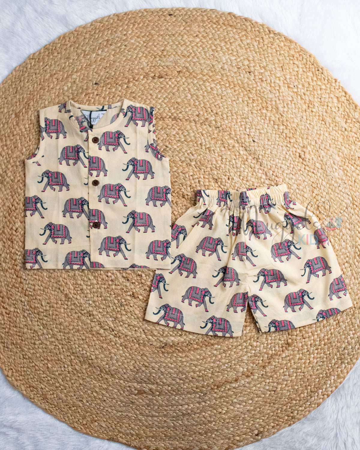 Ready to Ship: Playful Joy Printed Sleeveless Jhabla and Shorts Set