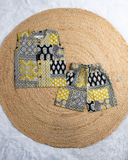 Ready to Ship: Yellow And Black Printed Sleeveless Jhabla and Shorts Set