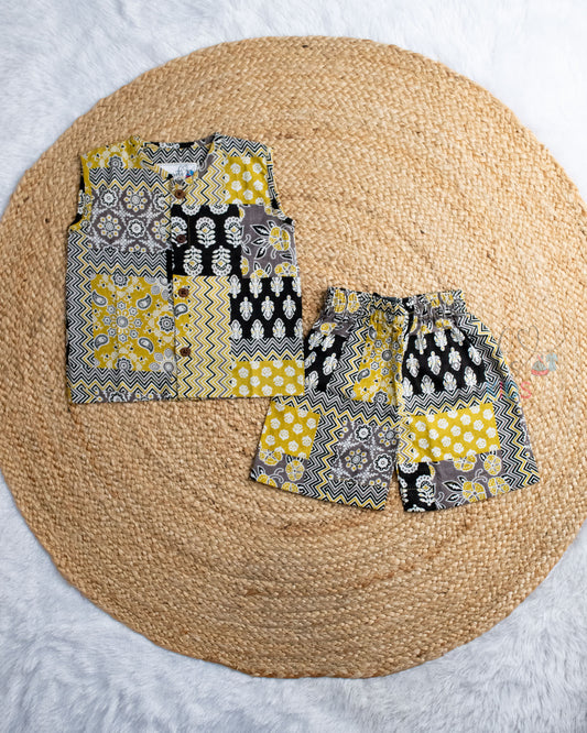 Ready to Ship: Yellow And Black Printed Sleeveless Jhabla and Shorts Set