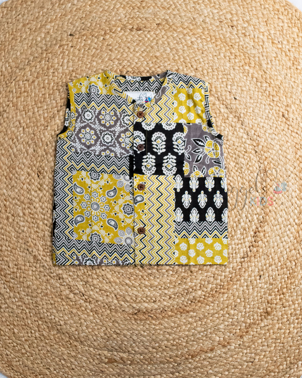 Ready to Ship: Yellow & Black Pure Cotton Jhable With Wooden Button Detailing