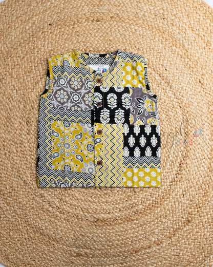 Ready to Ship: Yellow & Black Pure Cotton Jhable With Wooden Button Detailing