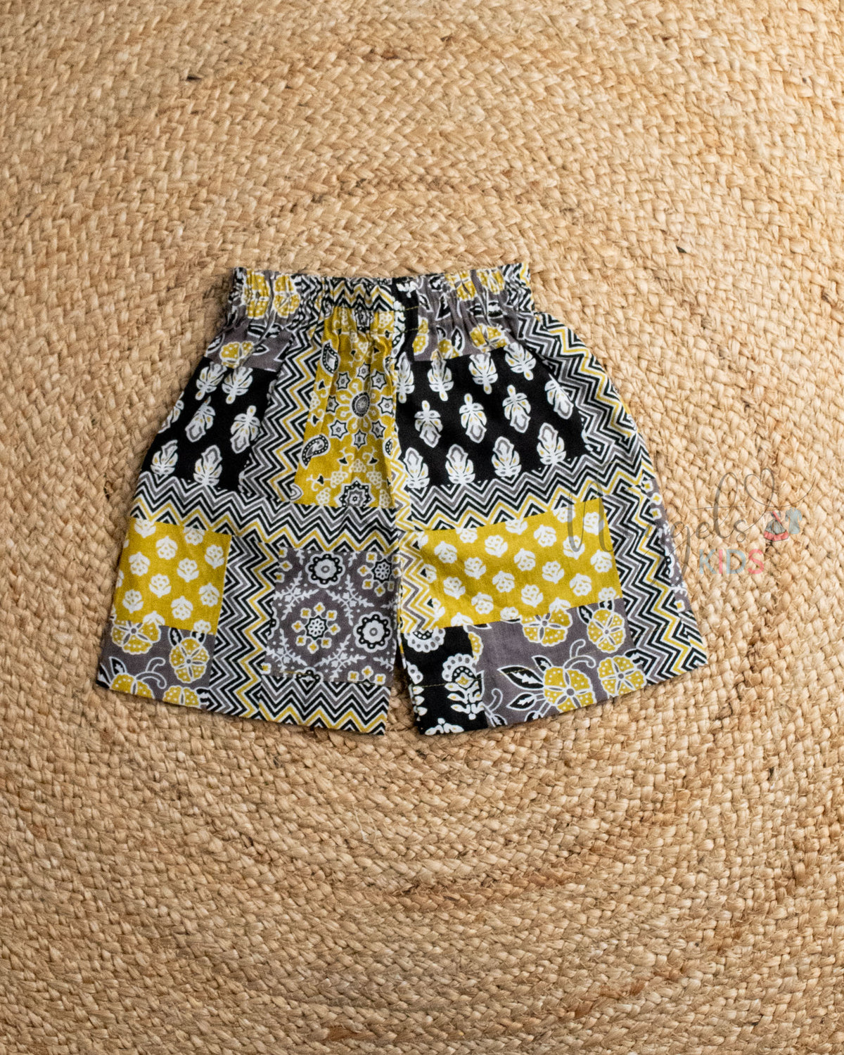 Ready to Ship: Yellow And Black Printed Sleeveless Jhabla and Shorts Set