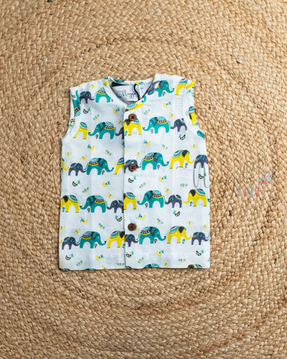 Ready to Ship: Elephant Vibe Printed Pure Cotton Jhabla with Wooden Button Detailing