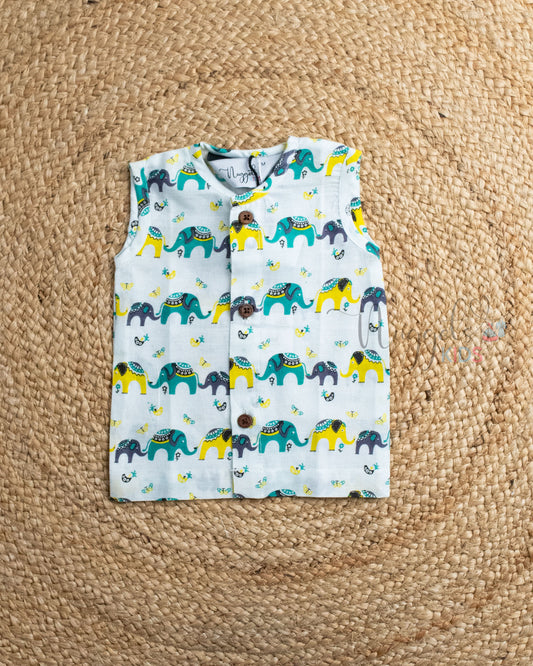 Ready to Ship: Elephant Vibe Printed Pure Cotton Jhabla with Wooden Button Detailing