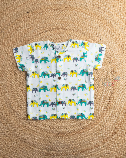 Ready to Ship: Elephant Vibe Printed Pure Cotton Jhabla Shirt with Wooden Button Detailing