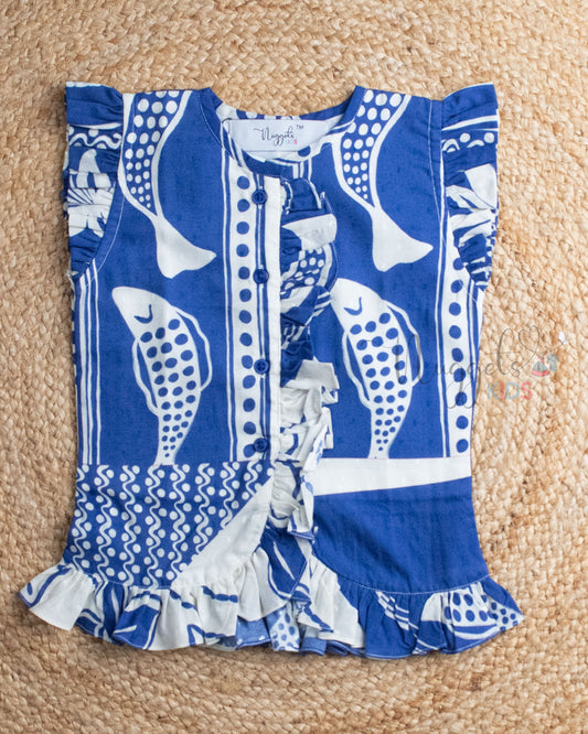 Ready to Ship: Navy Blue Cotton Ruffle Skort Set With Ruffle Sleeves