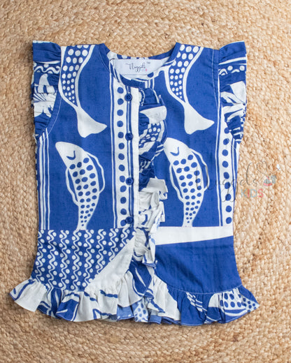 Ready to Ship: Navy Blue Cotton Ruffle Skort Set With Ruffle Sleeves