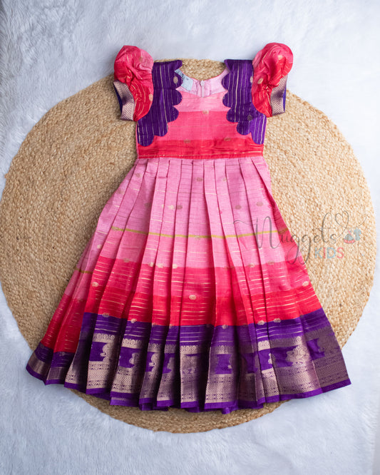 Ready to Ship: Pink Ombre And Violet Kalamkari Printed Semi Tusser Gown