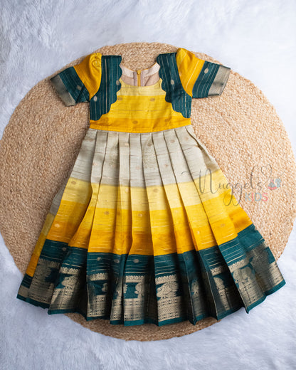 Ready to Ship: Mustard And Bottle Green Kalamkari Printed Semi Tusser Gown