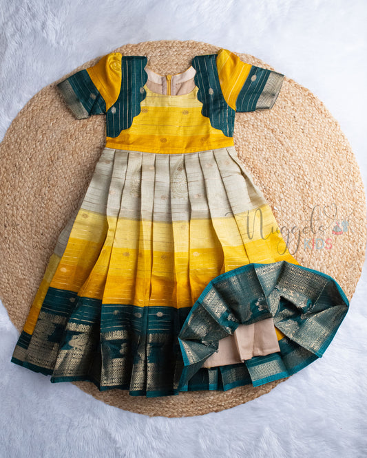 Ready to Ship: Mustard And Bottle Green Kalamkari Printed Semi Tusser Gown