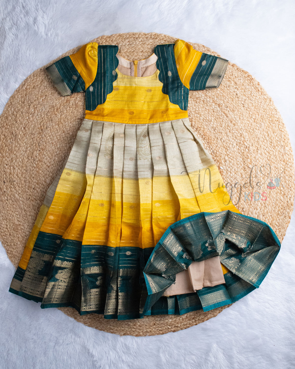 Ready to Ship: Mustard And Bottle Green Kalamkari Printed Semi Tusser Gown