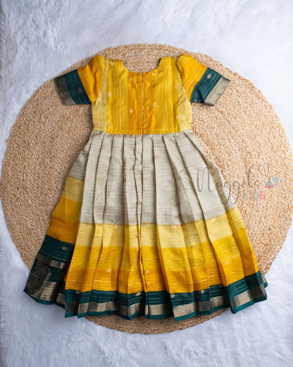 Ready to Ship: Mustard And Bottle Green Kalamkari Printed Semi Tusser Gown