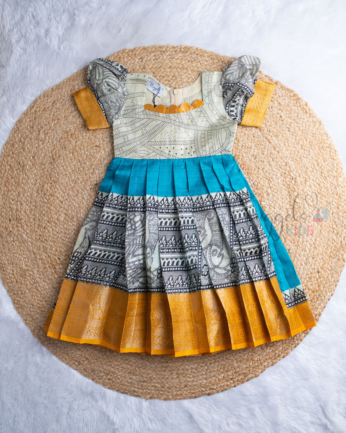 Ready to Ship: Kalamkari Printed Ikkat Blue With Offwhite Pattu Gown