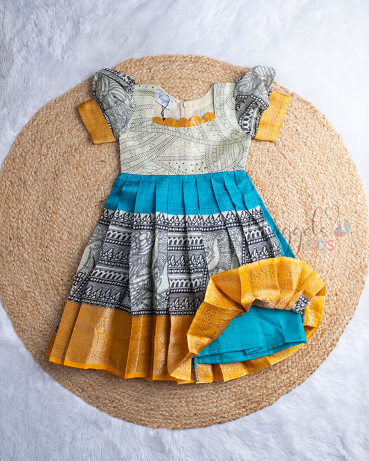 Ready to Ship: Kalamkari Printed Ikkat Blue With Offwhite Pattu Gown