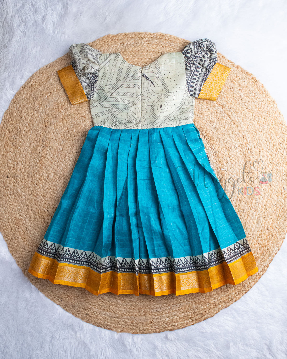 Ready to Ship: Kalamkari Printed Ikkat Blue With Offwhite Pattu Gown