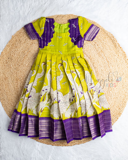 Ready to Ship: Olive Green and Violet Kalamkari Printed Semi Silk Gown