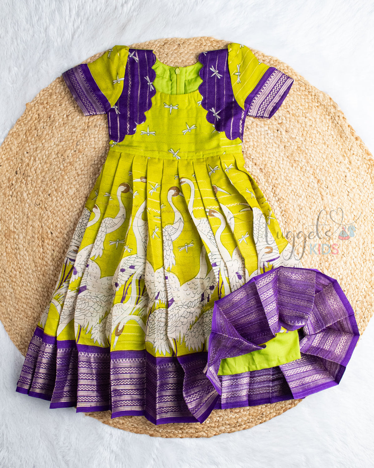 Ready to Ship: Olive Green and Violet Kalamkari Printed Semi Silk Gown