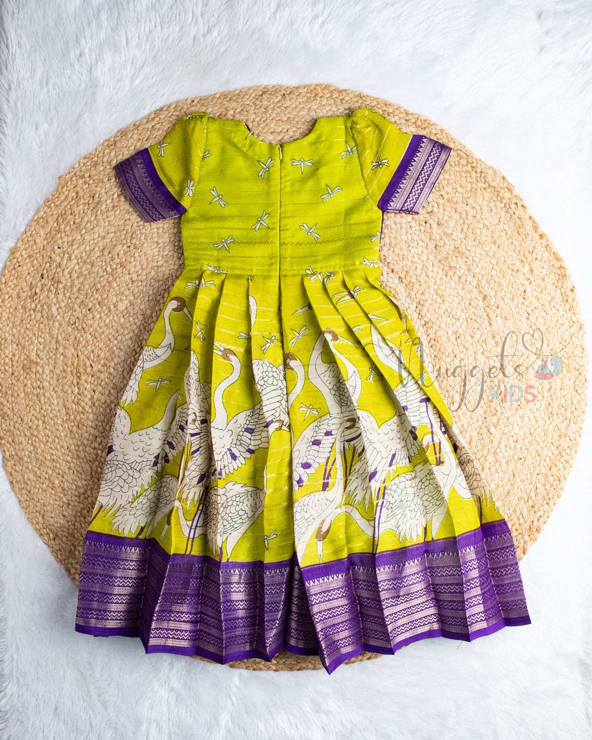 Ready to Ship: Olive Green and Violet Kalamkari Printed Semi Silk Gown
