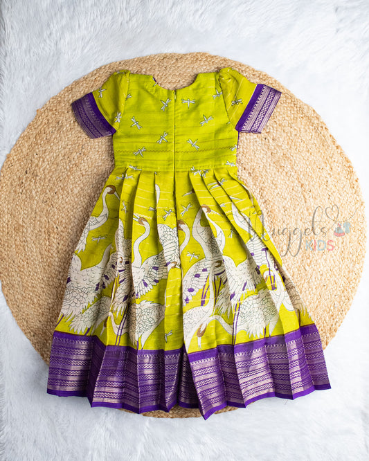 Ready to Ship: Olive Green and Violet Kalamkari Printed Semi Silk Gown