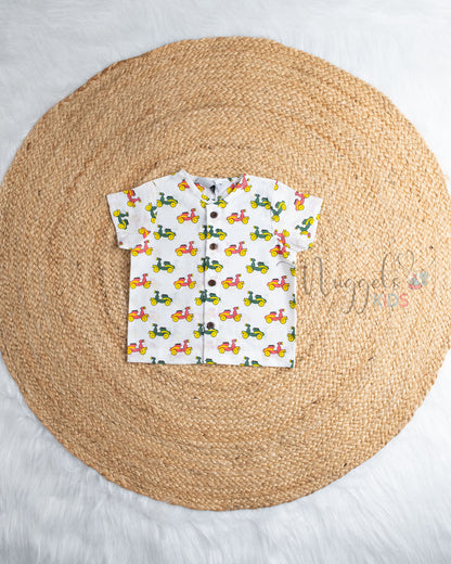 Ready to Ship: Street Spark Ride Printed Pure Cotton Jhabla Shirt with Wooden Button Detailing