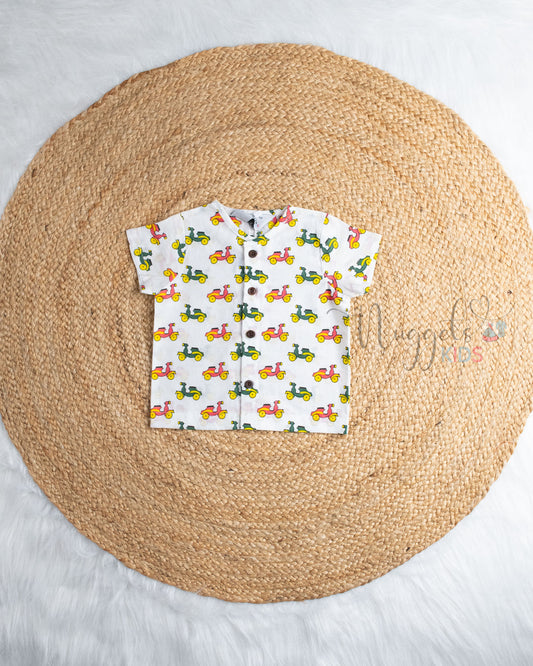 Ready to Ship: Street Spark Ride Printed Pure Cotton Jhabla Shirt with Wooden Button Detailing