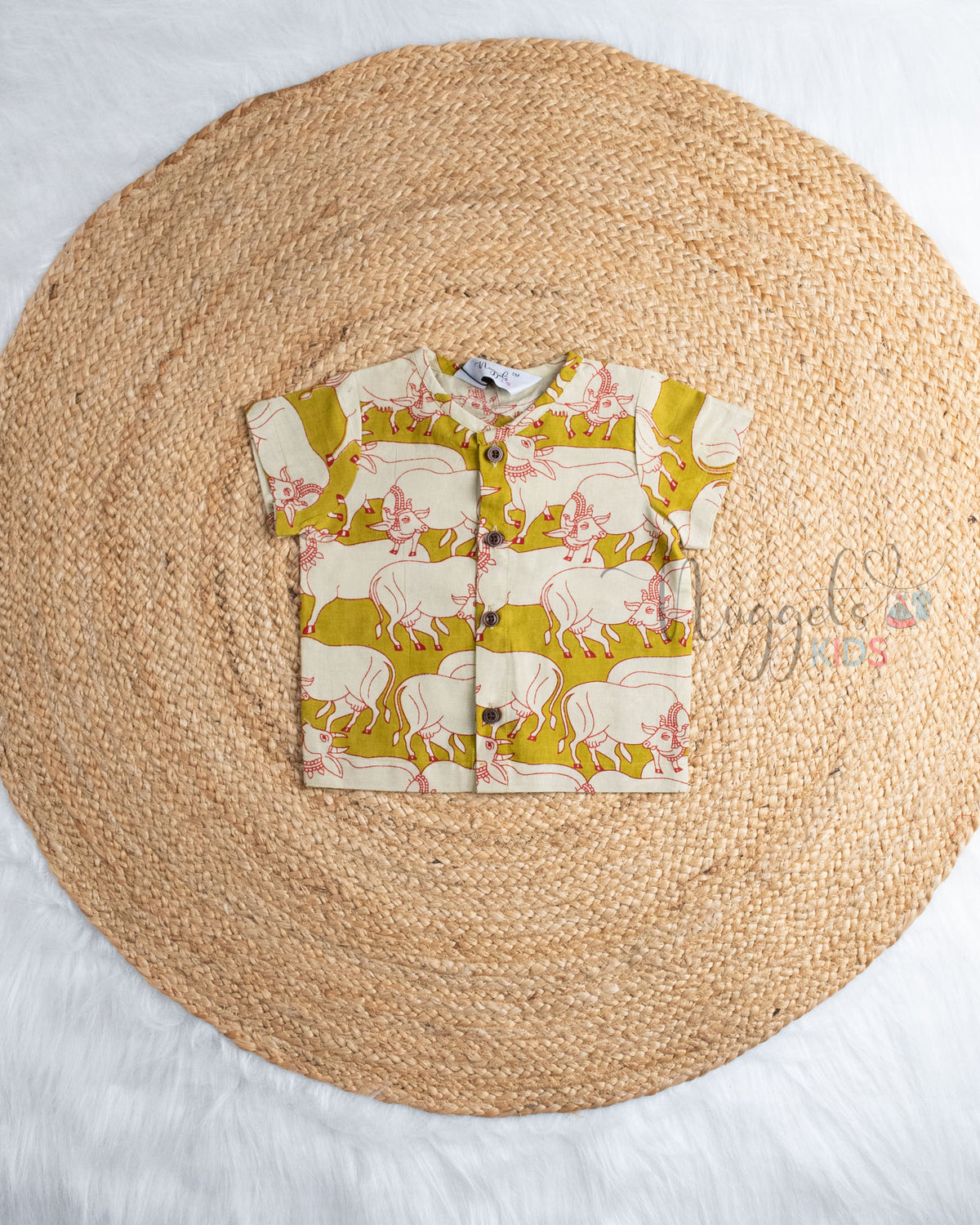 Ready to Ship: Oilve Green Pichwai Printed Pure Cotton Jhabla Shirt with Wooden Button Detailing