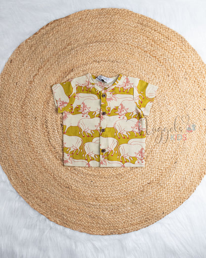 Ready to Ship: Oilve Green Pichwai Printed Pure Cotton Jhabla Shirt with Wooden Button Detailing