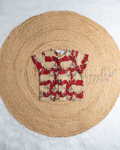 Ready to Ship: Meroon Pichwai Printed Pure Cotton Jhabla Shirt with Wooden Button Detailing