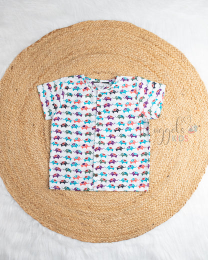 Ready to Ship: Happy Vibes Elephant  Printed Pure Cotton Jhabla Shirt with Wooden Button Detailing