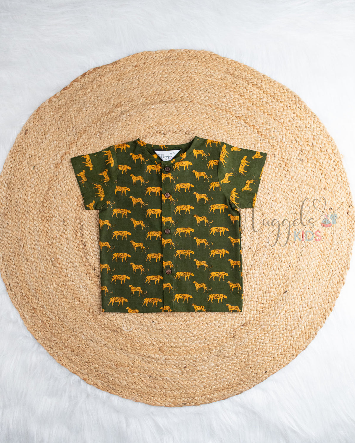 Ready to Ship: Green Cheeta Printed Pure Cotton Jhabla Shirt with Wooden Button Detailing