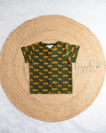 Ready to Ship: Green Cheeta Printed Pure Cotton Jhabla Shirt with Wooden Button Detailing