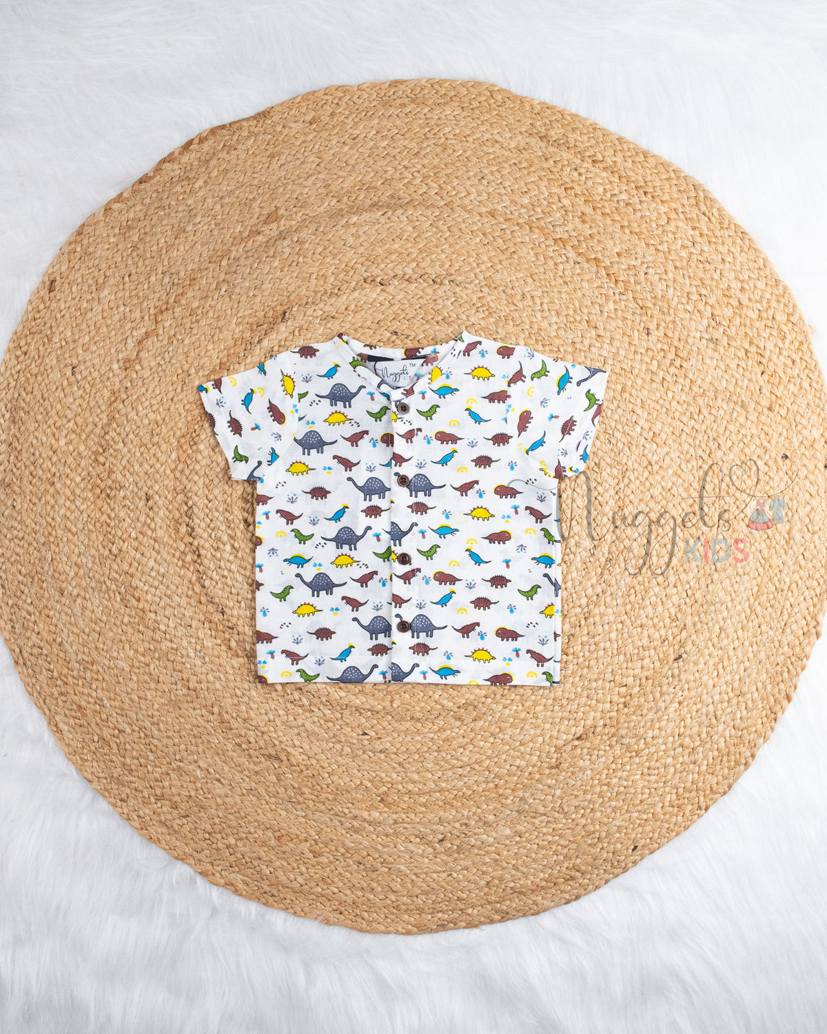 Ready to Ship: Inferno Spine Dinosaur  Printed Pure Cotton JhablaShirt with Wooden Button Detailing