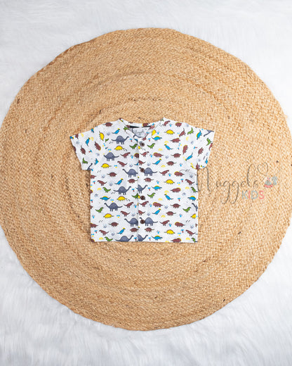 Ready to Ship: Inferno Spine Dinosaur  Printed Pure Cotton JhablaShirt with Wooden Button Detailing