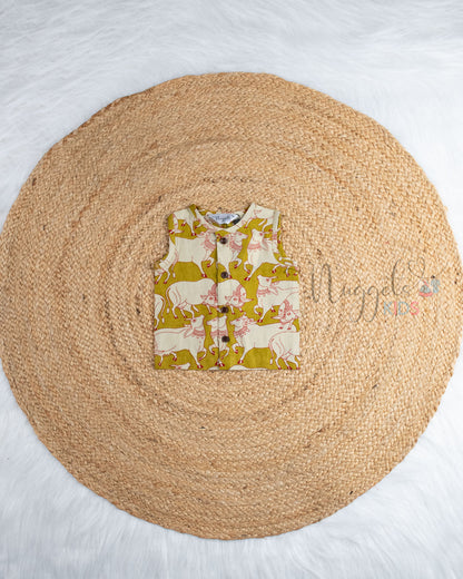 Ready to Ship: Oilve Green Pichwai Printed Printed Pure Cotton Jhabla with Wooden Button Detailing