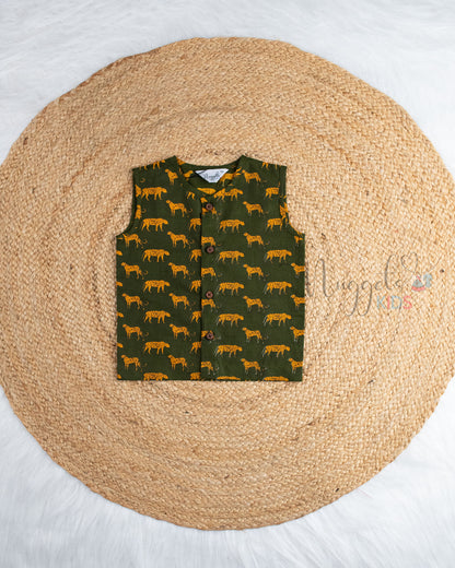 Ready to Ship: Green Cheeta Printed Pure Cotton Jhabla with Wooden Button Detailing