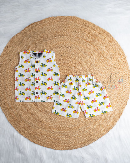Ready to Ship: Scooter Ride Printed Sleeveless Jhabla and Shorts Set