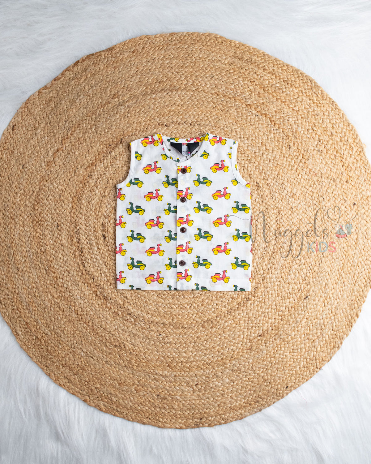 Ready to Ship: Scooter Ride Printed Sleeveless Jhabla and Shorts Set