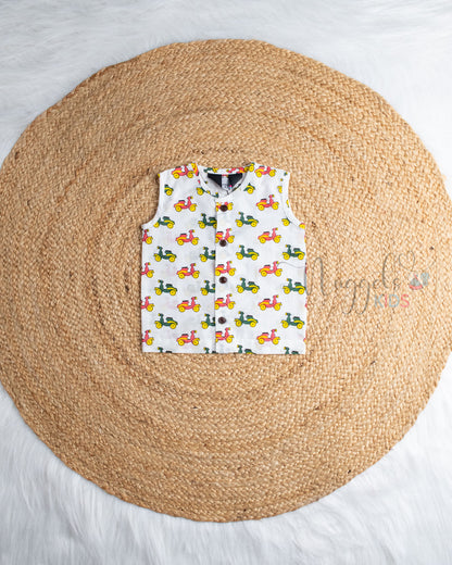 Ready to Ship: Scooter Ride Printed Sleeveless Jhabla and Shorts Set