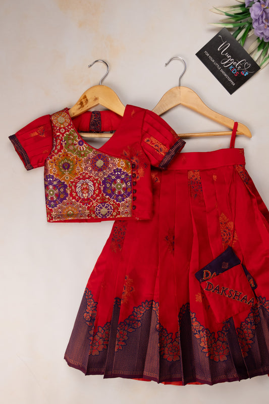 Pre Order: Multicolor Pure Silk Kim Khab Patch Detailed Top and Semi Silk Meenakari Skirt