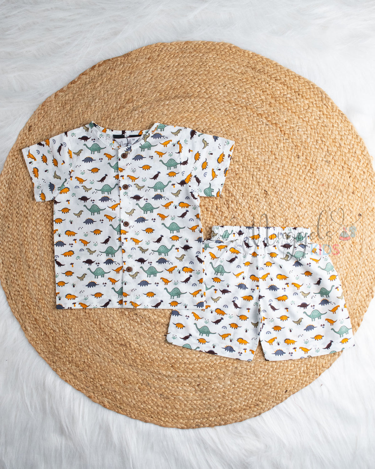Ready to Ship: Blaze Horn Dinosaur Printed Jhabla and Shorts Set with Sleeves