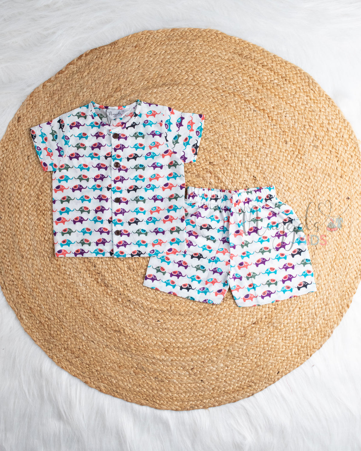 Ready to Ship: Jungle Emperor Elephant Printed Jhabla and Shorts Set with Sleeves