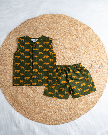 Ready to Ship: Green Cheeta Printed Sleeveless Jhabla and Shorts Set