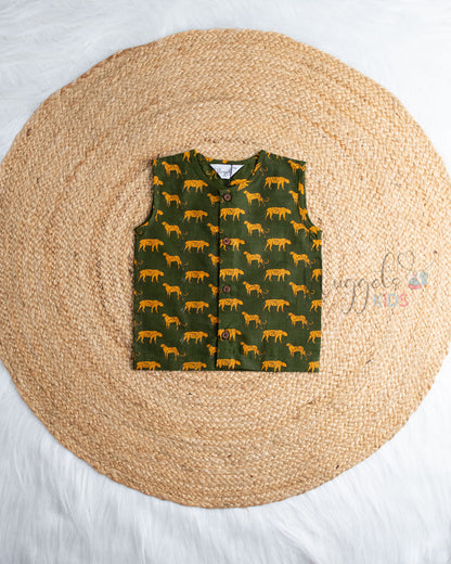 Ready to Ship: Green Cheeta Printed Sleeveless Jhabla and Shorts Set