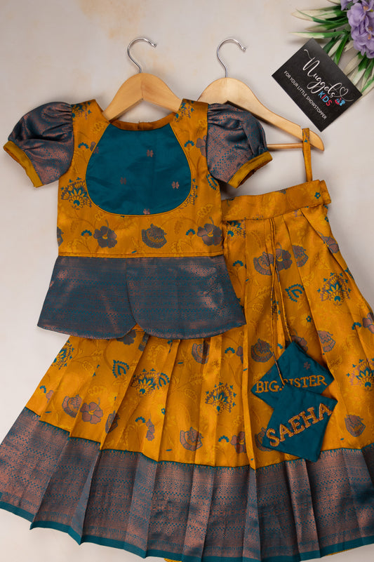 Pre Order: Mustard and Peacock Blue Meenakari Skirt Set