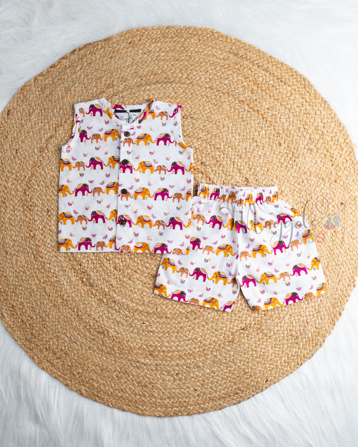 Ready to Ship: Gentle Titan Printed Sleeveless Jhabla and Shorts Set