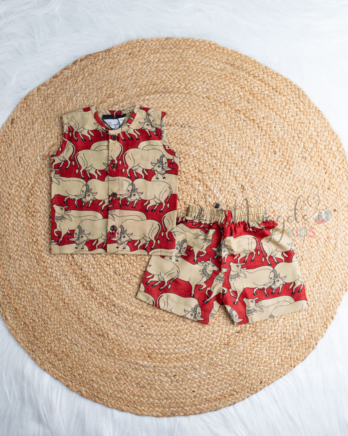 Ready to Ship: Meroon Pichwai Printed Sleeveless Jhabla and Shorts Set